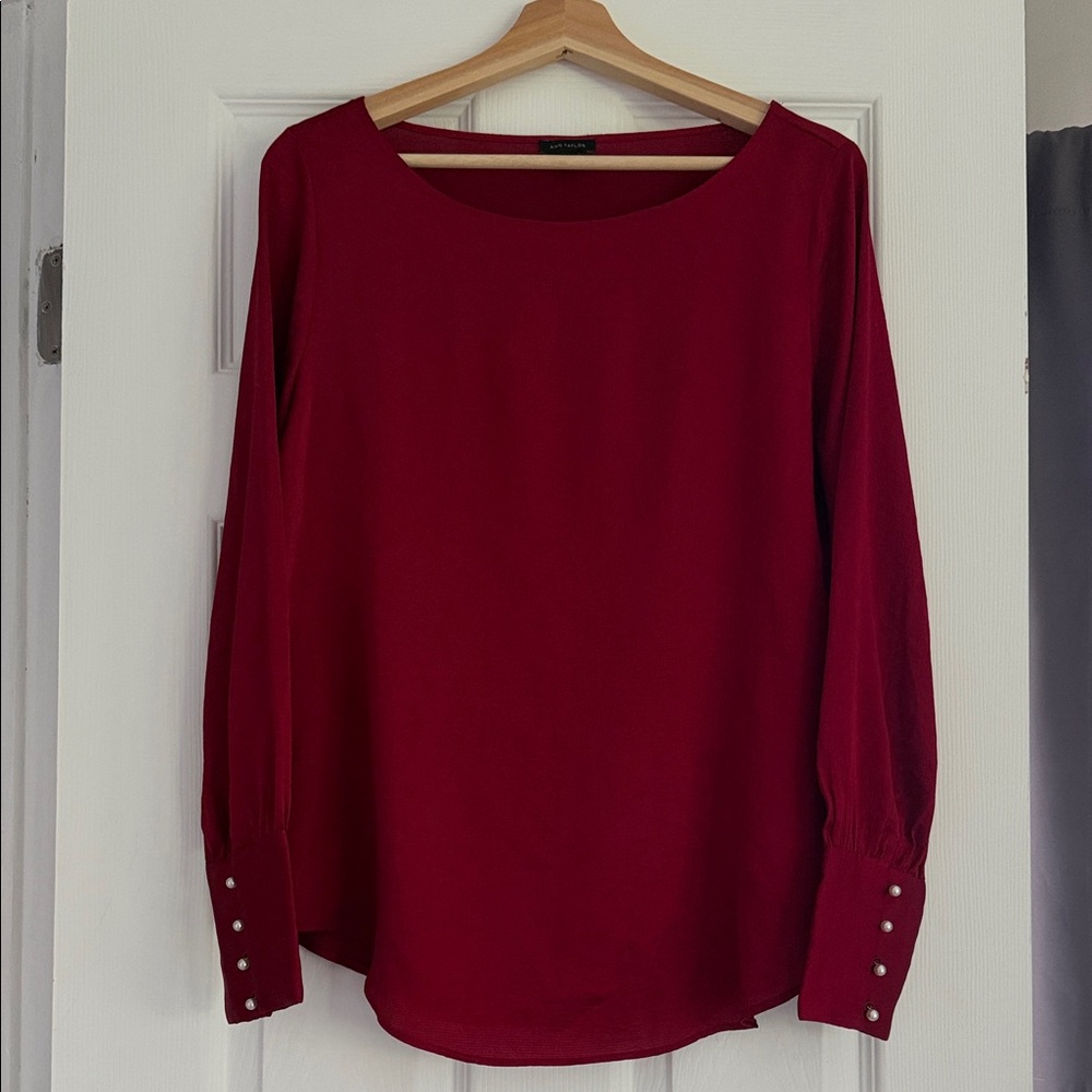 Ann Taylor Rich Red Blouse with Pearl Buttoned Cuffs